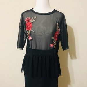 Up-Cycled Shein Sheer Blouse with Rose Appliqué